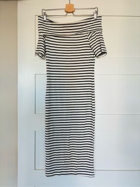 ASOS 4 Black and White Striped Off-Shoulder Midi Dress